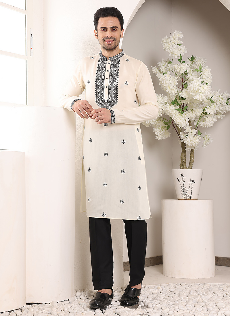 White Viscose Silk Embroidered Sequin Kurta For Men