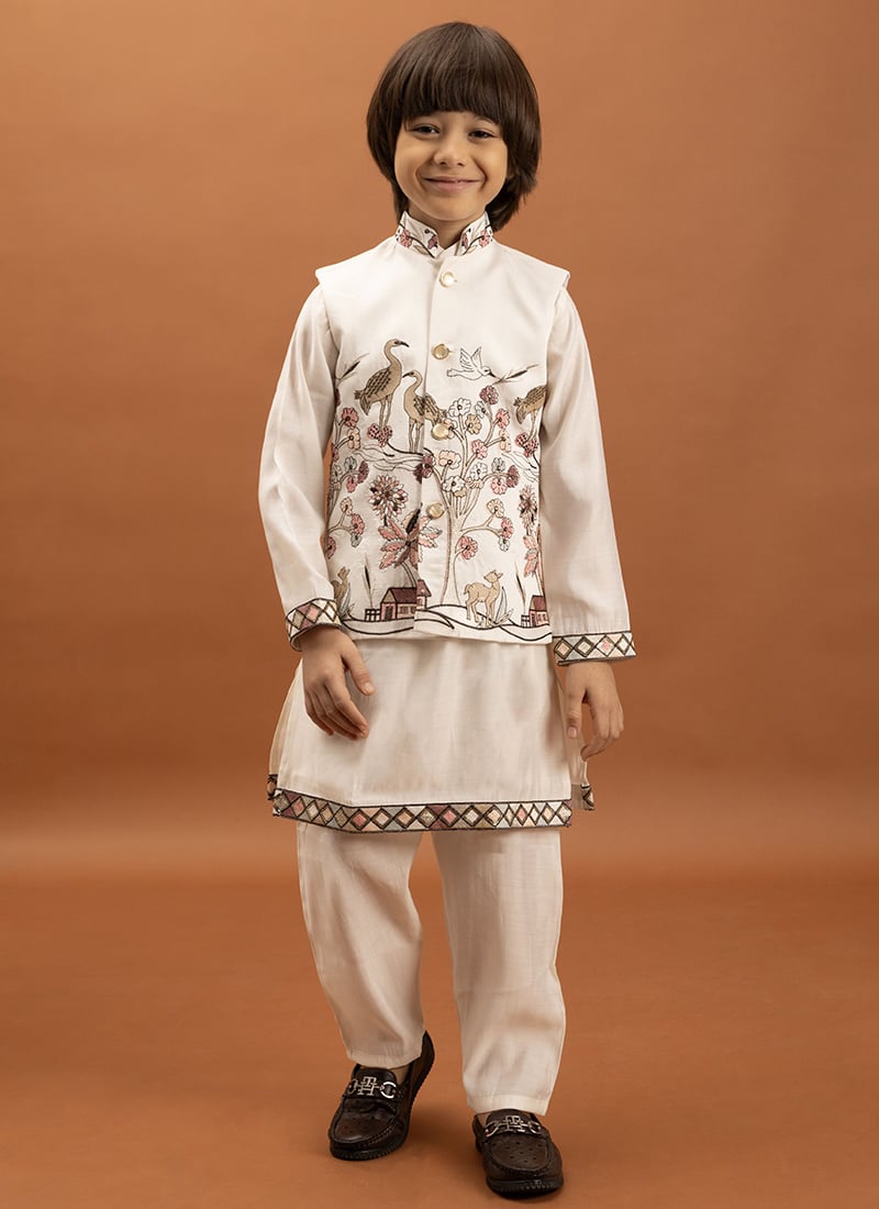 White Viscose Silk Embroidered Sequins Kids Boys Bandi Set Festive Wear