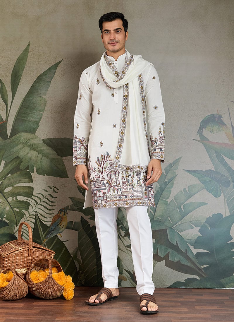 White Viscose Silk Embroidered Sequins Kurta
