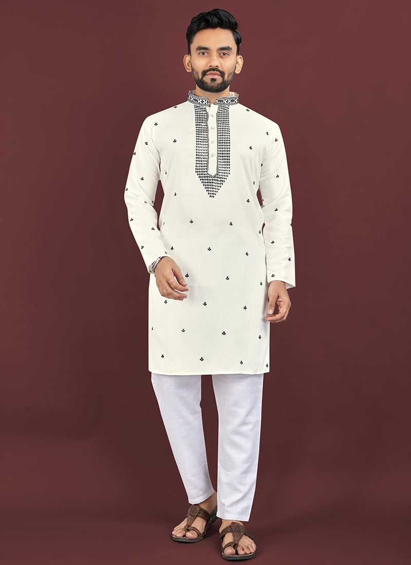 White Viscose Silk Embroidered Sequins Kurta Pyjama For Men Festive Wear