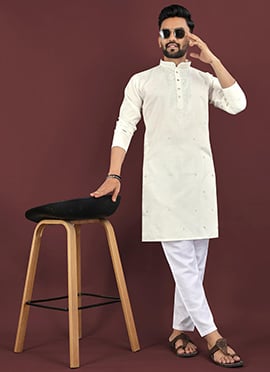 White Viscose Silk Embroidered Sequins Kurta Pyjama For Men