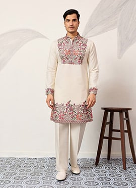 White Viscose Silk Embroidered Sequins Kurta Pyjama For Men