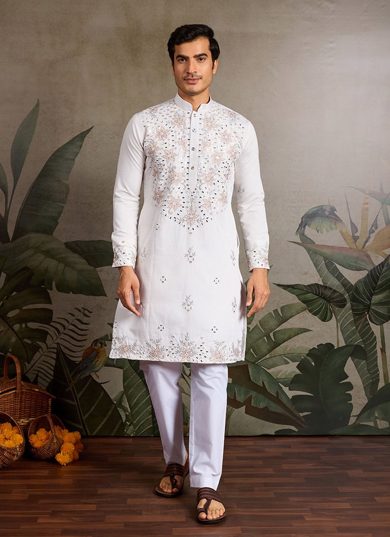White Viscose Silk Embroidered Sequins Men Kurta