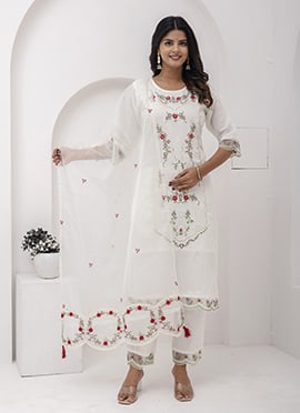 White Viscose Silk Embroidered Sequins Straight Pant Suit