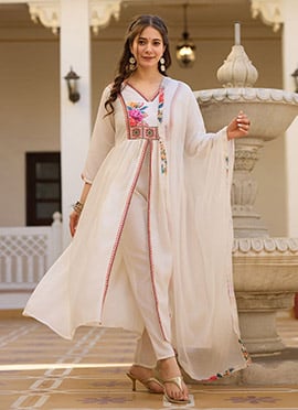 White Viscose Silk Embroidered Straight Pant Suit