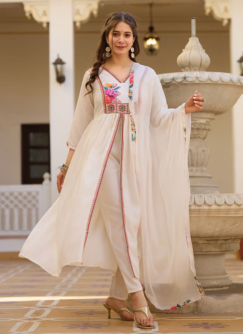 White Viscose Silk Embroidered Straight Pant Suit After Six Wear