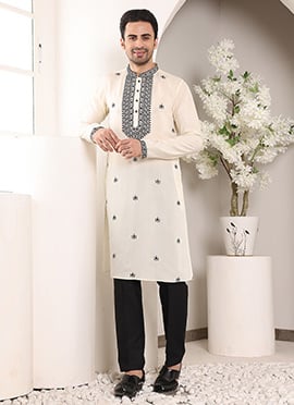 White Viscose Silk Sequins Embroidered Kurta Pyjama