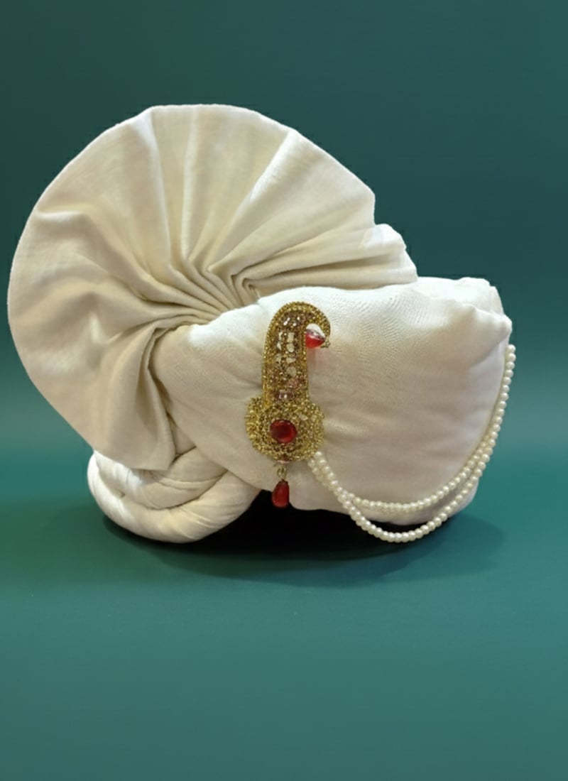 White Viscose Turban With Brooch