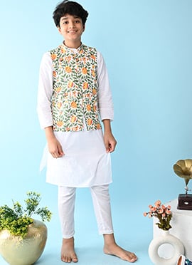 White With Green Floral Printed Cotton Kurta Pyjama for boys