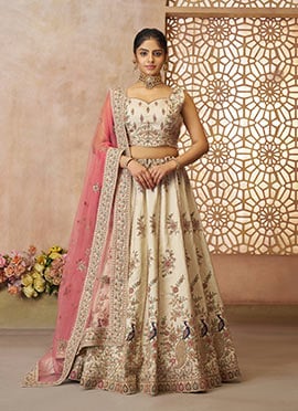 White Zari Silk Embroidered Sequins With Stone Work Lehenga