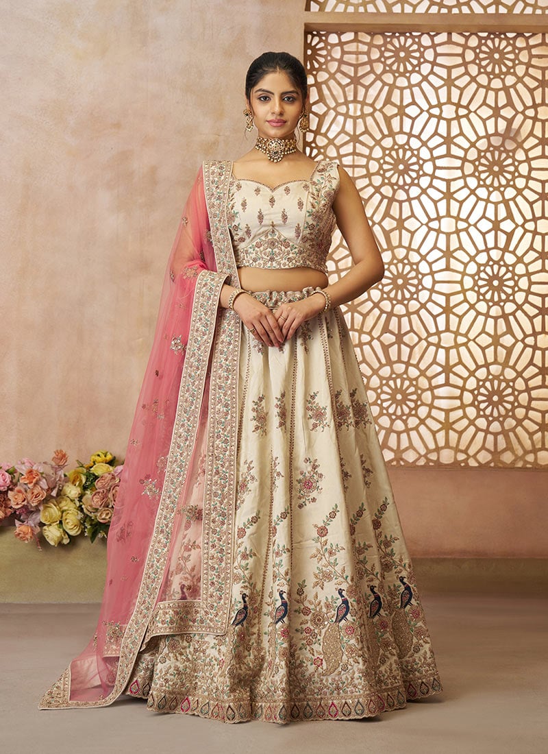 White Zari Silk Embroidered Sequins With Stone Work Lehenga Wedding Wear