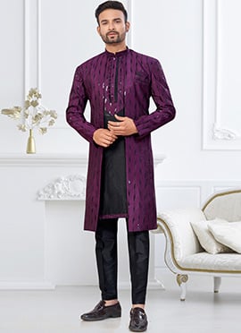 Wine  Black Banarasi Silk Sequins Indowestern Sherwani