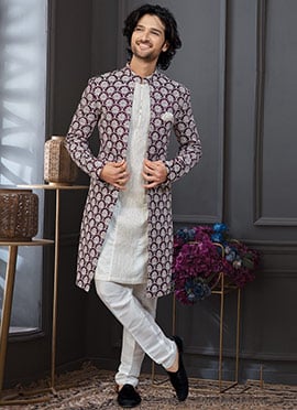 Wine  Off White Malai Silk Embroidered Sequins Thread Indowestern Sherwani