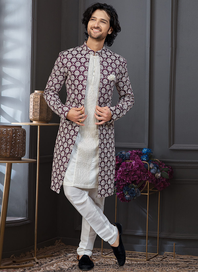 Wine  Off White Malai Silk Embroidered Sequins Thread Indowestern Sherwani Festive Wear