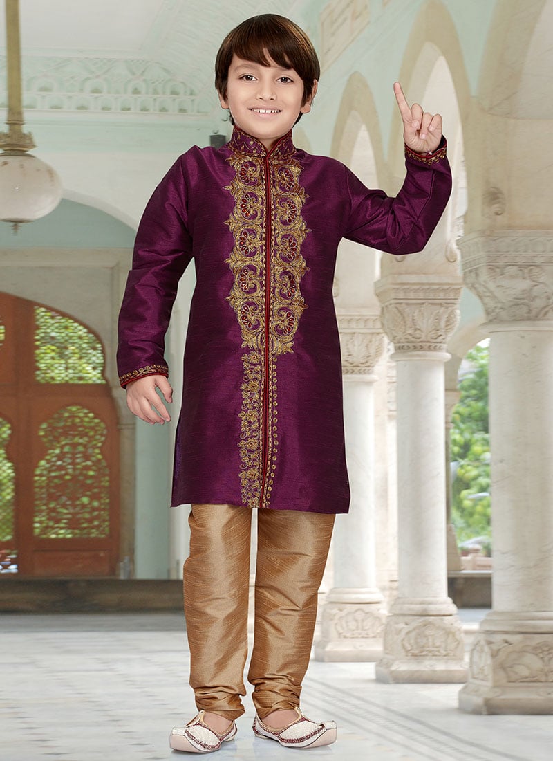 Wine Art Dupion Silk Kids Kurta Pyjama