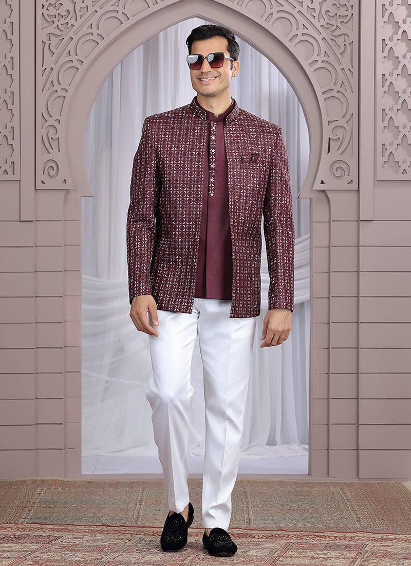 Wine Art Silk Embroidered Sequins Blazer