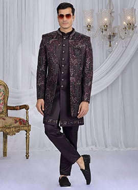 Wine Art Silk Embroidered Sequins Zari Zardosi Indowestern Sherwani