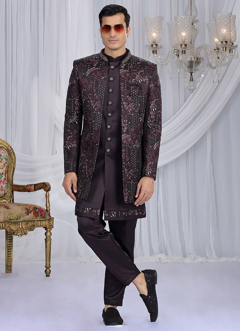Wine Art Silk Embroidered Sequins Zari Zardosi Indowestern Sherwani Wedding Wear