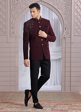 Wine Art Silk Hand Embroidered Blazer