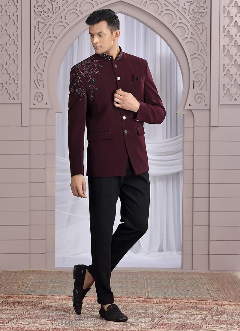 Wine Art Silk Hand Embroidered Blazer