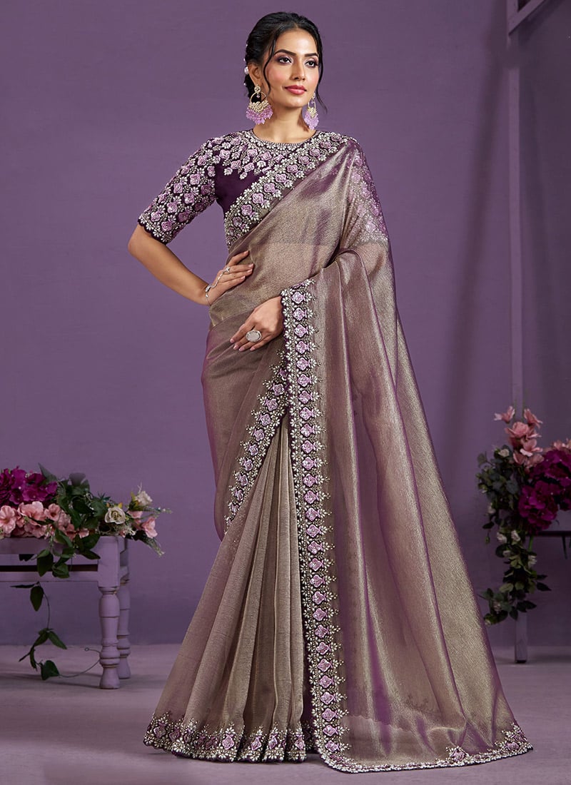 Wine Banarasi Crush Embroidered Stone And Beads Sequins Hand Work Saree Wedding Wear-SASACZ2826