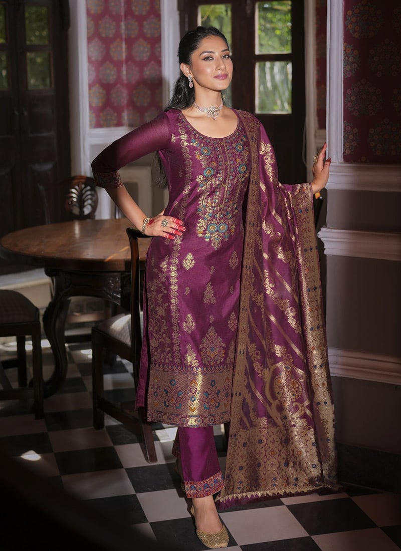 Wine Banarasi Jacquard Silk Straight Pant Suit