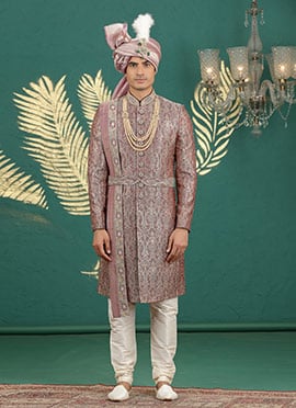 Wine Banarasi Jacquard Stones Embroidered Sequins Zari Beads Hand Embroidered Indowestern Sherwani
