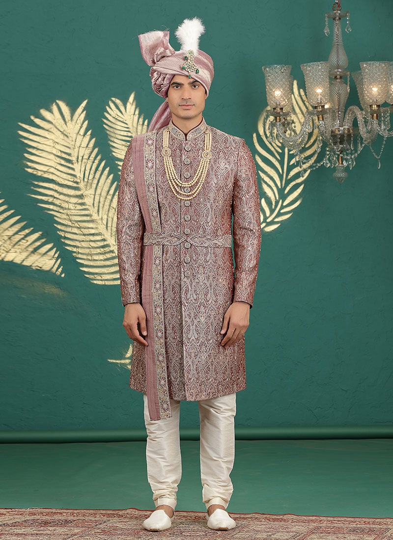 Wine Banarasi Jacquard Stones Embroidered Sequins Zari Beads Hand Embroidered Indowestern Sherwani