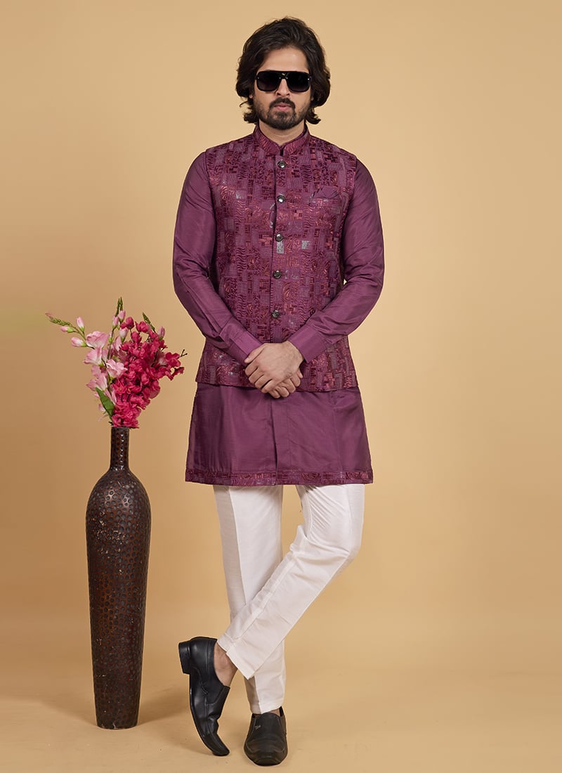 Wine Banarasi Silk Embroidered Sequins Bandi Set Festive Wear