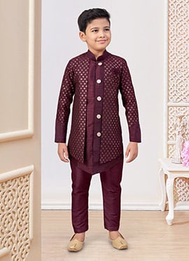 Wine Banarasi Silk Embroidered Sequins Boys Indowestern Sherwani