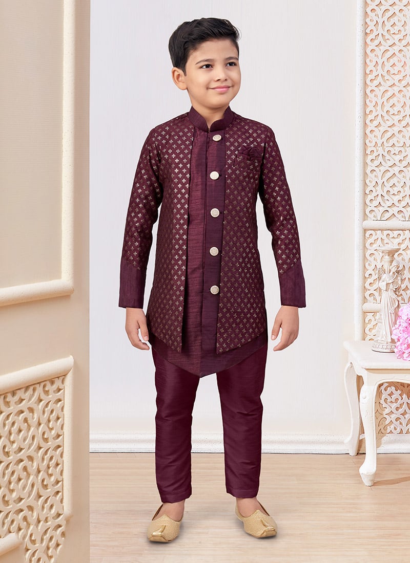Wine Banarasi Silk Embroidered Sequins Boys Indowestern Sherwani  Wedding Wear