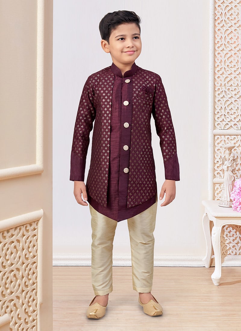 Wine Banarasi Silk Embroidered Sequins Boys Indowestern Sherwani Wedding Wear