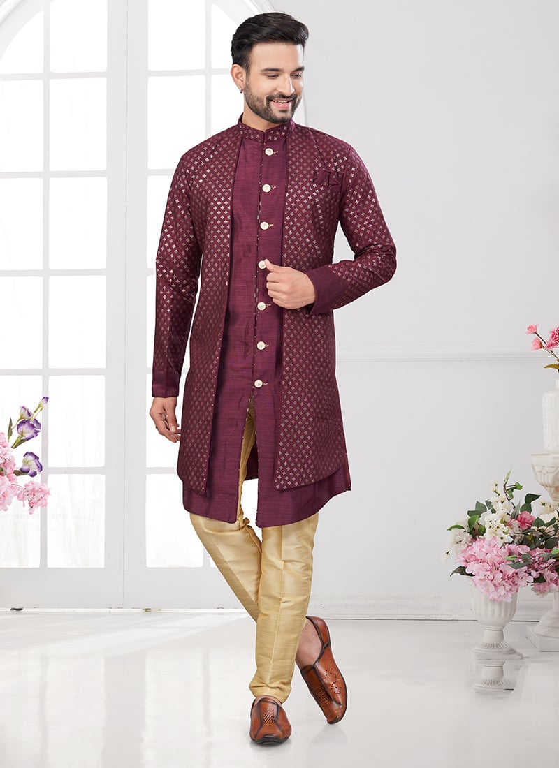 Wine Banarasi Silk Embroidered Sequins Indowestern Sherwani Wedding Wear