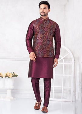 Wine Banarasi Silk Embroidered Sequins Thread Bandi Set