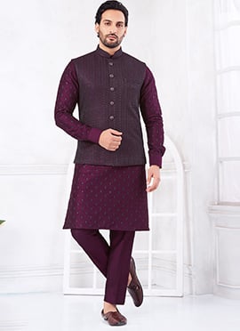 Wine Banarasi Silk Embroidered Sequins Thread Bandi Set