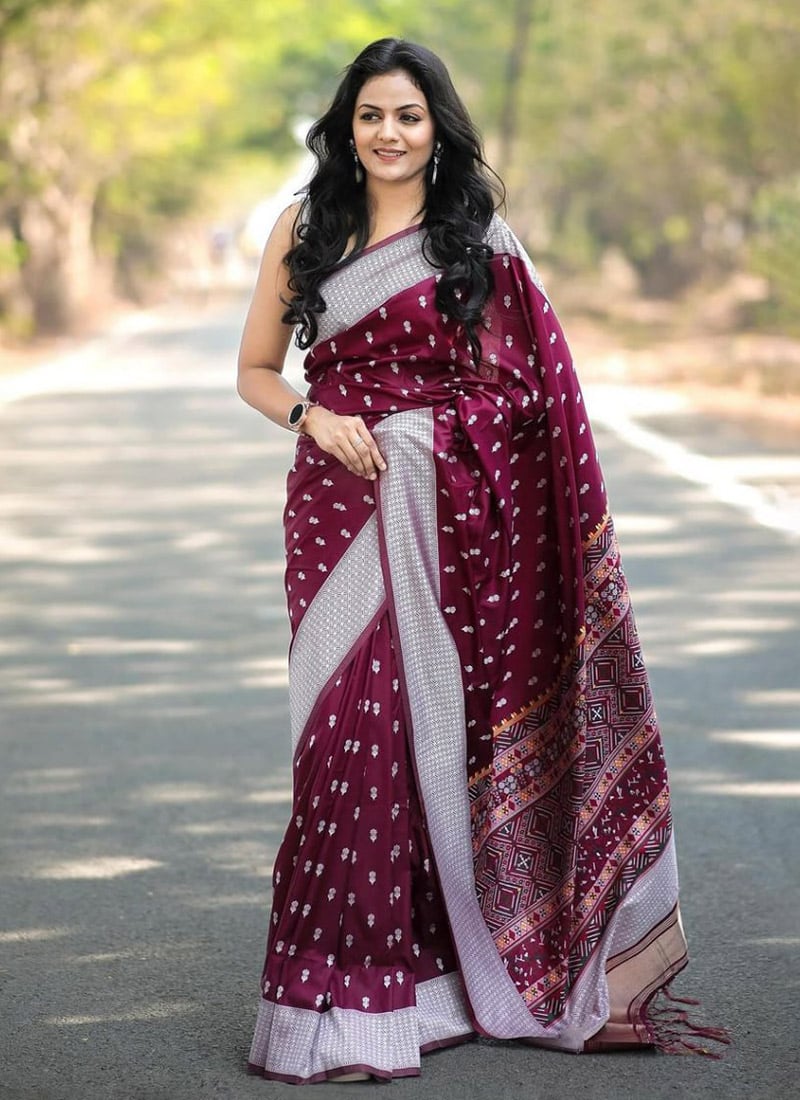 Wine Banarasi Silk Jacquard Saree Festive Wear