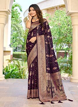 Wine Banarasi Silk Jacquard Woven Saree