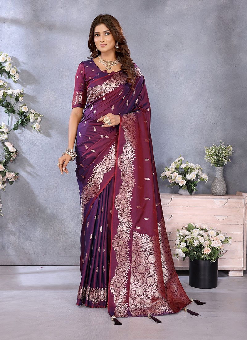 Wine Banarasi Silk Jacquard Zari Saree Festive Wear