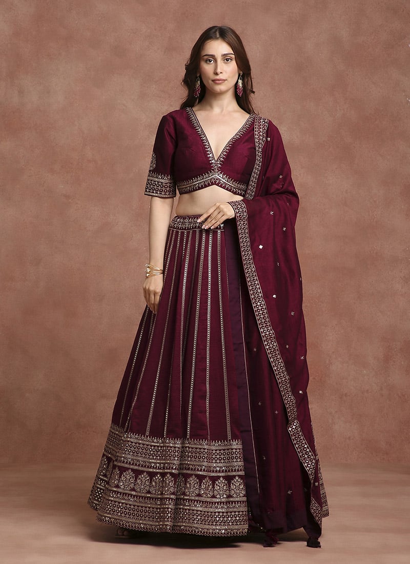 Wine Banarasi Silk Resham And Sequins Umbrella Lehenga
