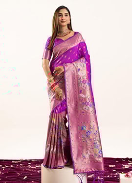 Wine Banarasi Silk Zari Jacquard Meenakari Woven Saree