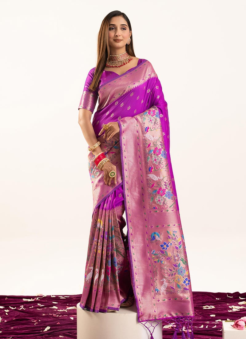 Wine Banarasi Silk Zari Jacquard Meenakari Woven Saree Festive Wear