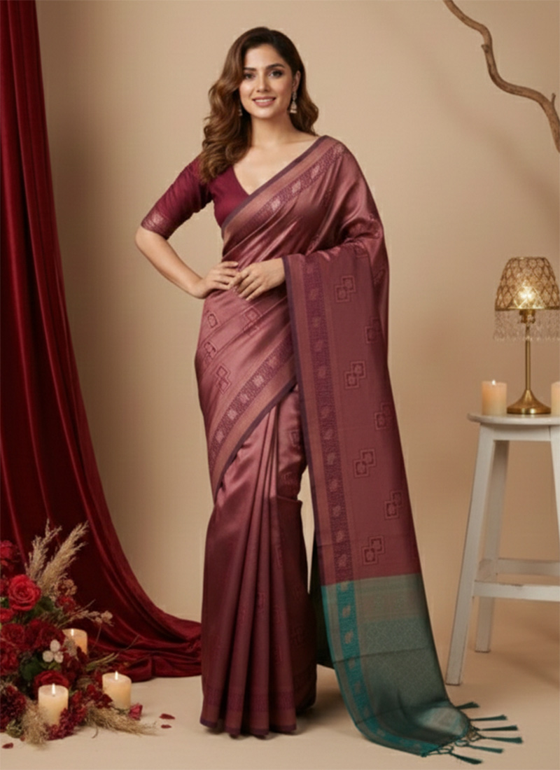 Wine Banarasi Silk Zari Saree Festive Wear