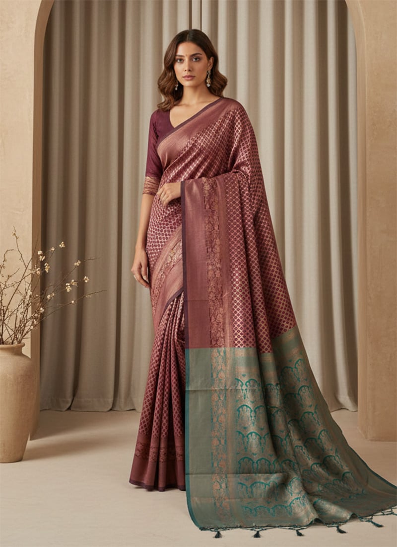 Wine Banarasi Silk Zari Saree Festive Wear