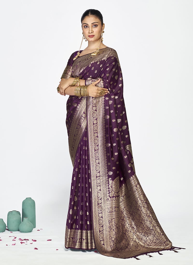 Wine Banarasi Silk Zari Woven Classy Saree Festive Wear