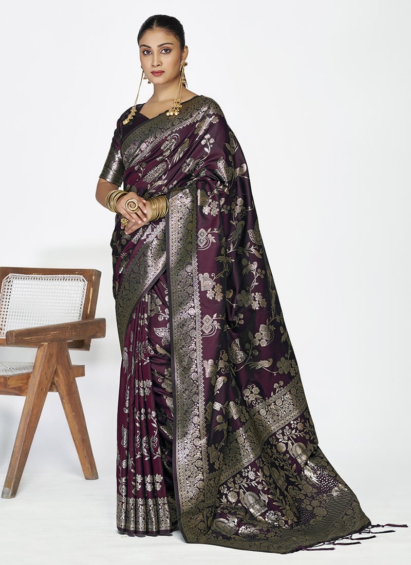 Wine Banarasi Silk Zari Woven Saree Festive Wear