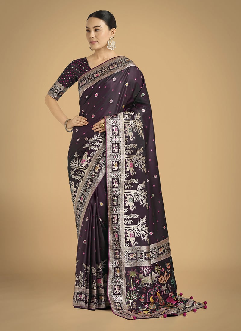Wine Banarasi Silk Zari Woven Saree Festive Wear