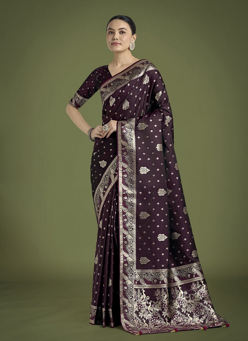 Wine Banarasi Silk Zari Woven Saree Festive Wear
