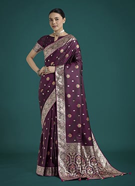 Wine Banarasi Silk Zari Woven Saree