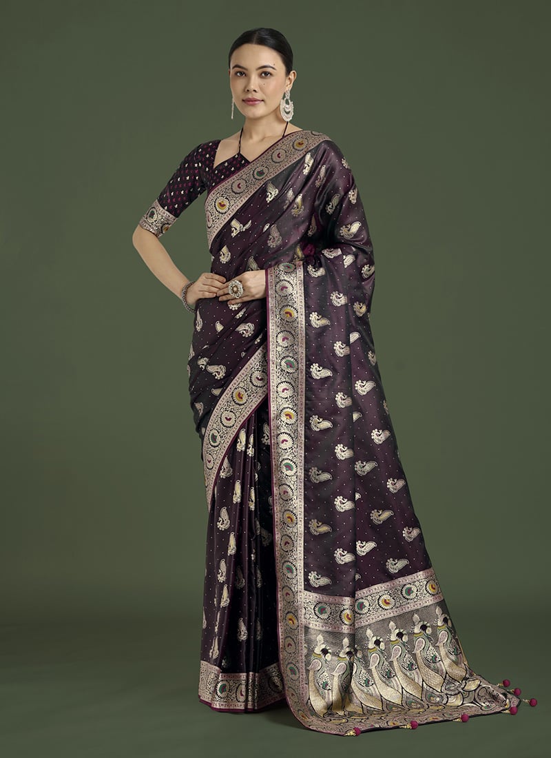 Wine Banarasi Silk Zari Woven Saree