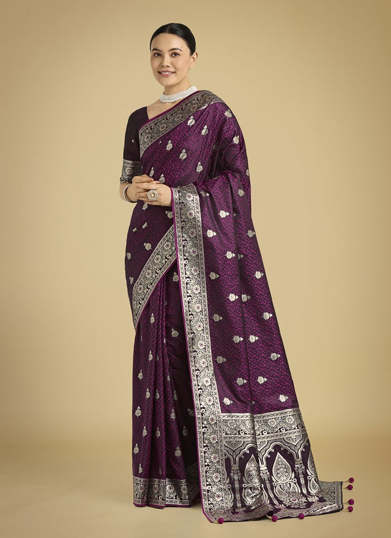 Wine Banarasi Silk Zari Woven Saree Festive Wear